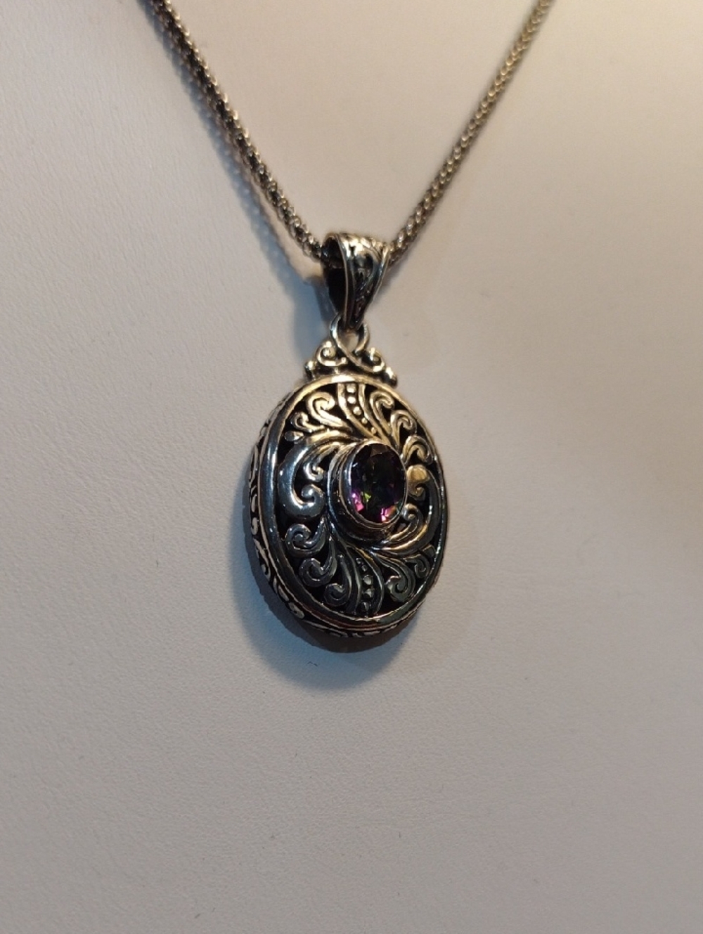 Sterling Silver Filigree Style Oval Pendant Necklace with Mystic Stone